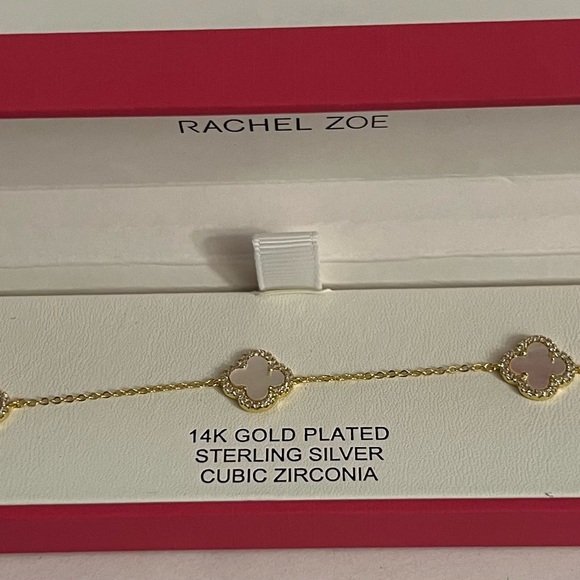 Rachel Zoe 14K Gold Plated Bracelet 4 Leaf Mother Of Pearl Cubic Zirconia  New - Picture 13 of 16